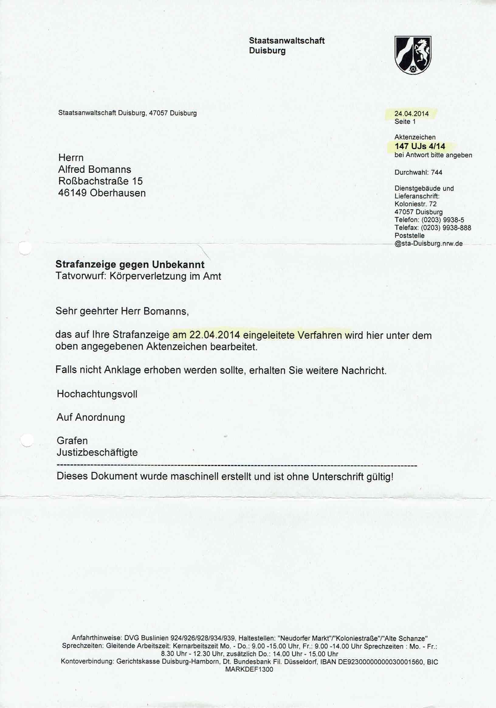 Antwort der Staatsanwaltschaft Duisburg vom 24.04.2014