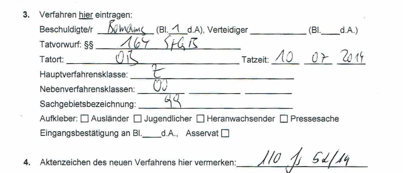 Ihnen wird vorgeworfen, am 10.07.2014 in Oberhausen mit Ihrer Strafanzeige gegen die Polizei... eine falsche Verdächtigung begangen zu haben.
