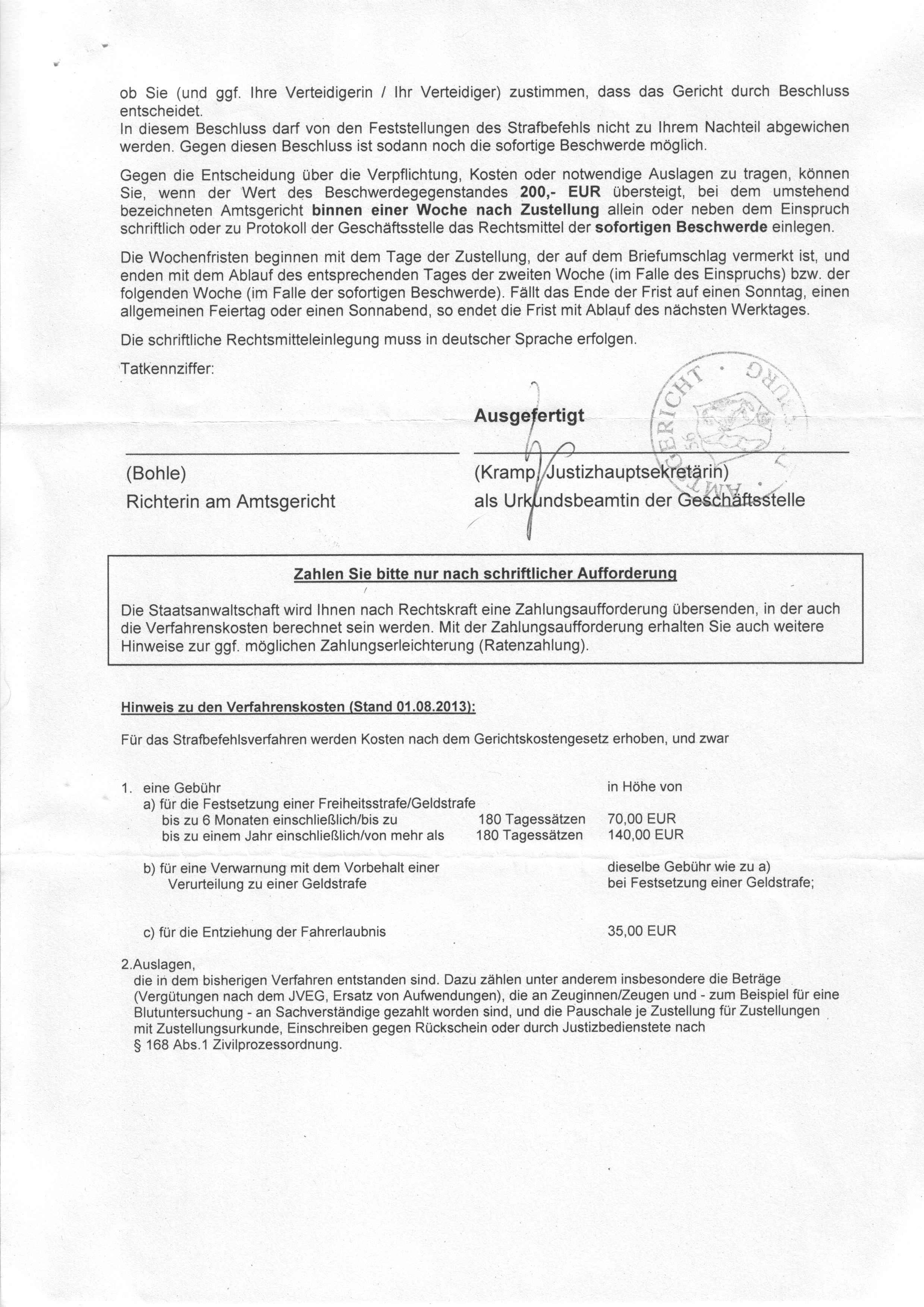 Strafbefehl des Amtsgerichts Duisburg vom 24.09.2015, Richterin Rita Bohle, S. 2