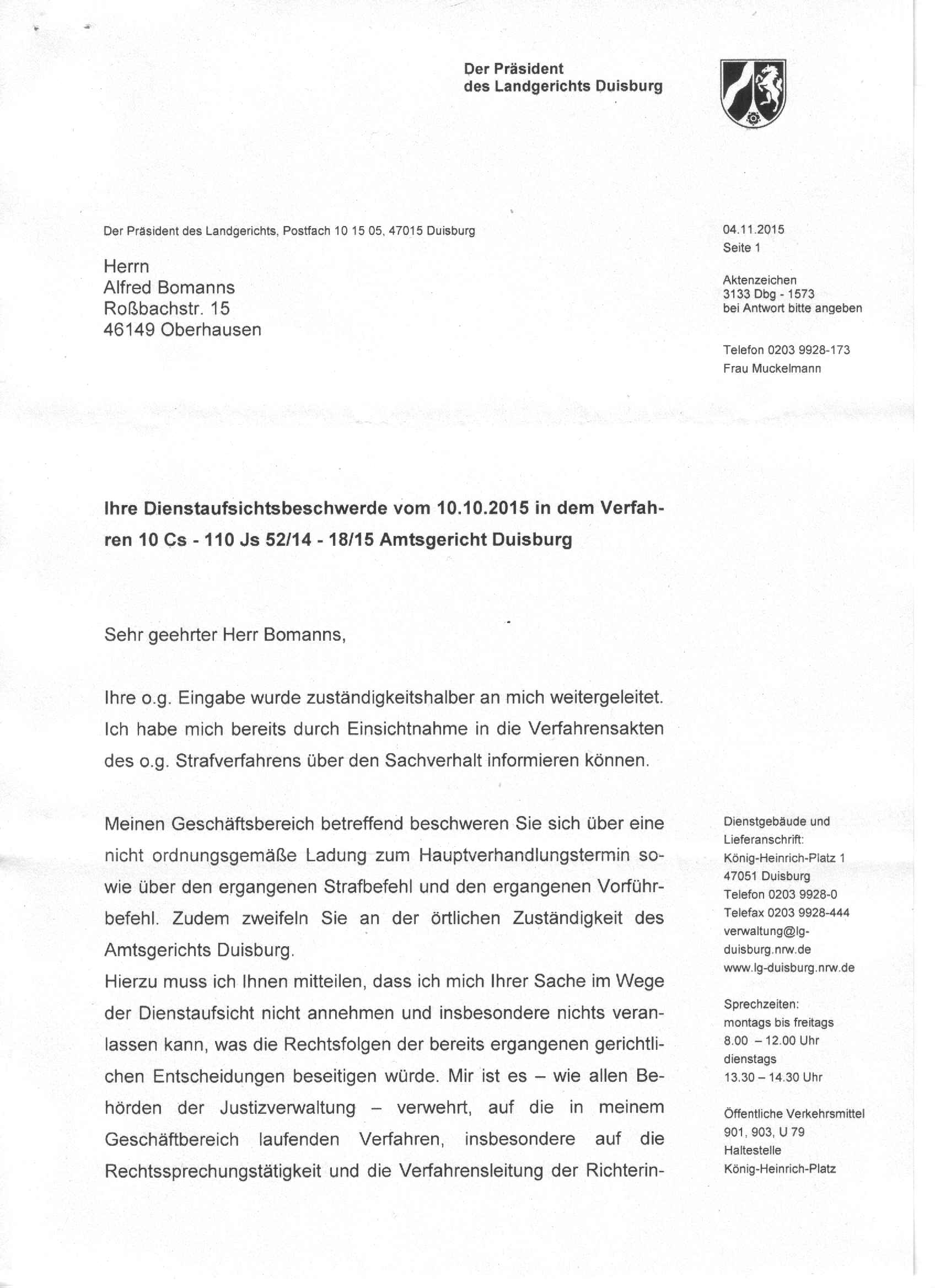 Antwort des Präsidenten des Landgerichts Duisburg, Ulf-Thomas Bender, vom 04.11.2015, S. 1