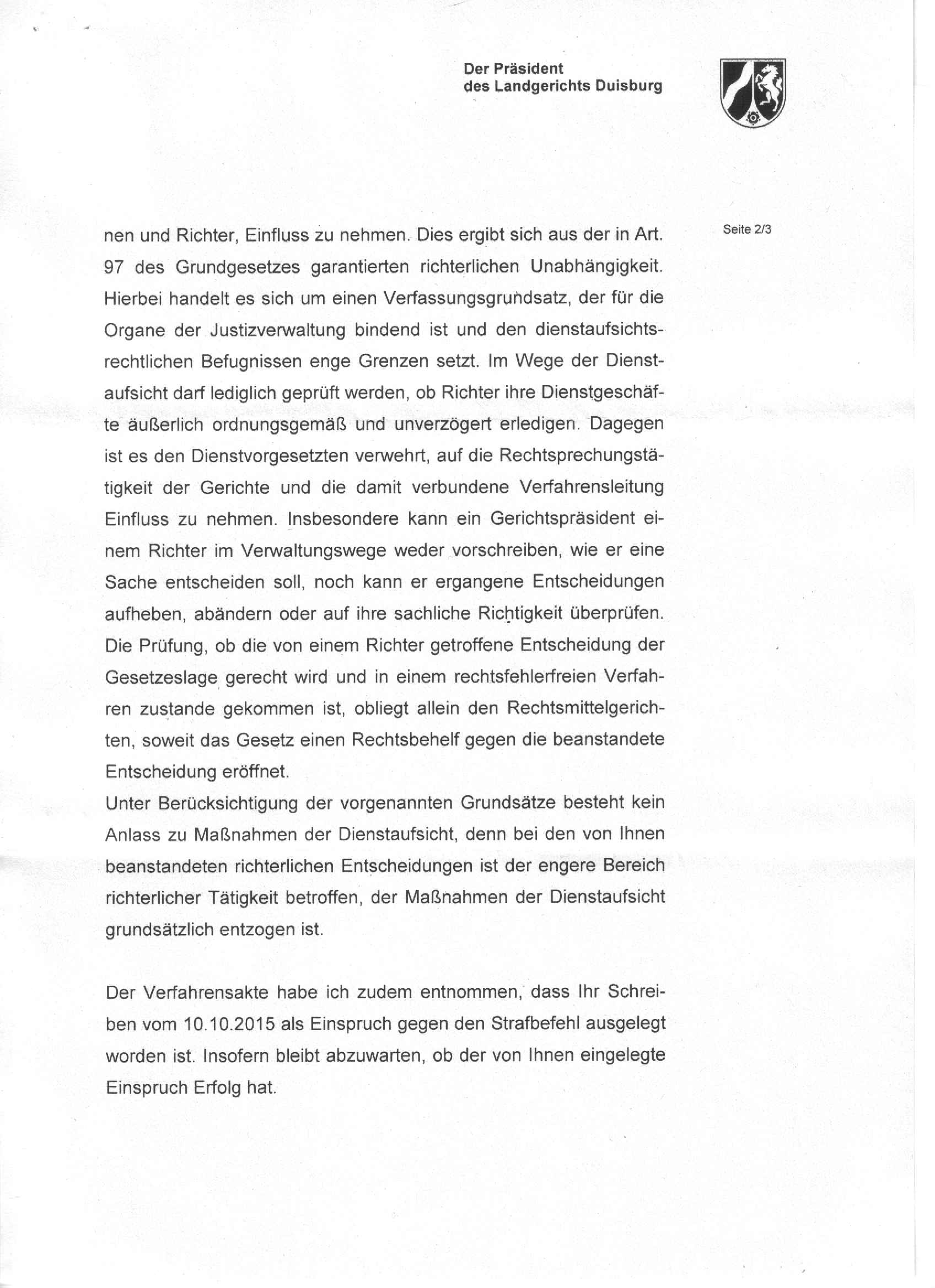 Antwort des Präsidenten des Landgerichts Duisburg, Ulf-Thomas Bender, vom 04.11.2015, S. 2