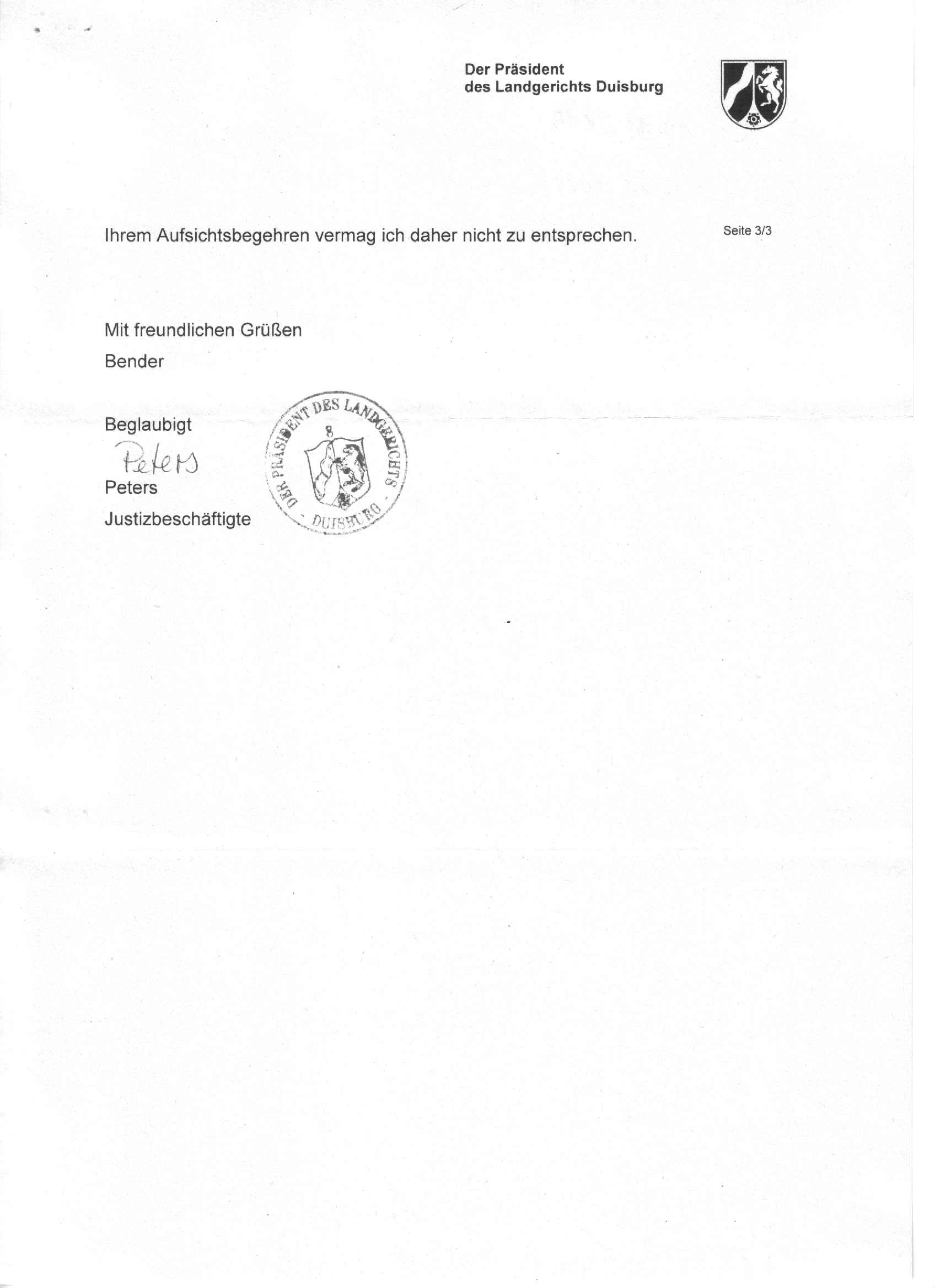 Antwort des Präsidenten des Landgerichts Duisburg, Ulf-Thomas Bender, vom 04.11.2015, S. 3