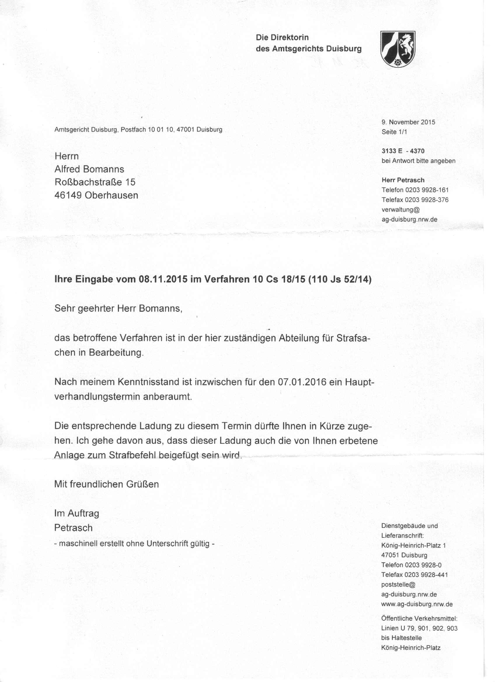 Antwort der Direktorin des Amtsgerichts Duisburg, Renate Nabbefeld-Kaiser, vom 09.11.2015