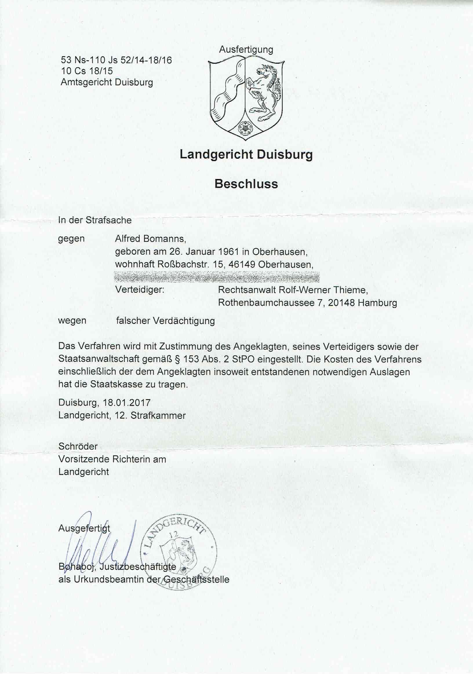 Einstellung des Verfahrens am Landgericht Duisburg vom 18.01.2017