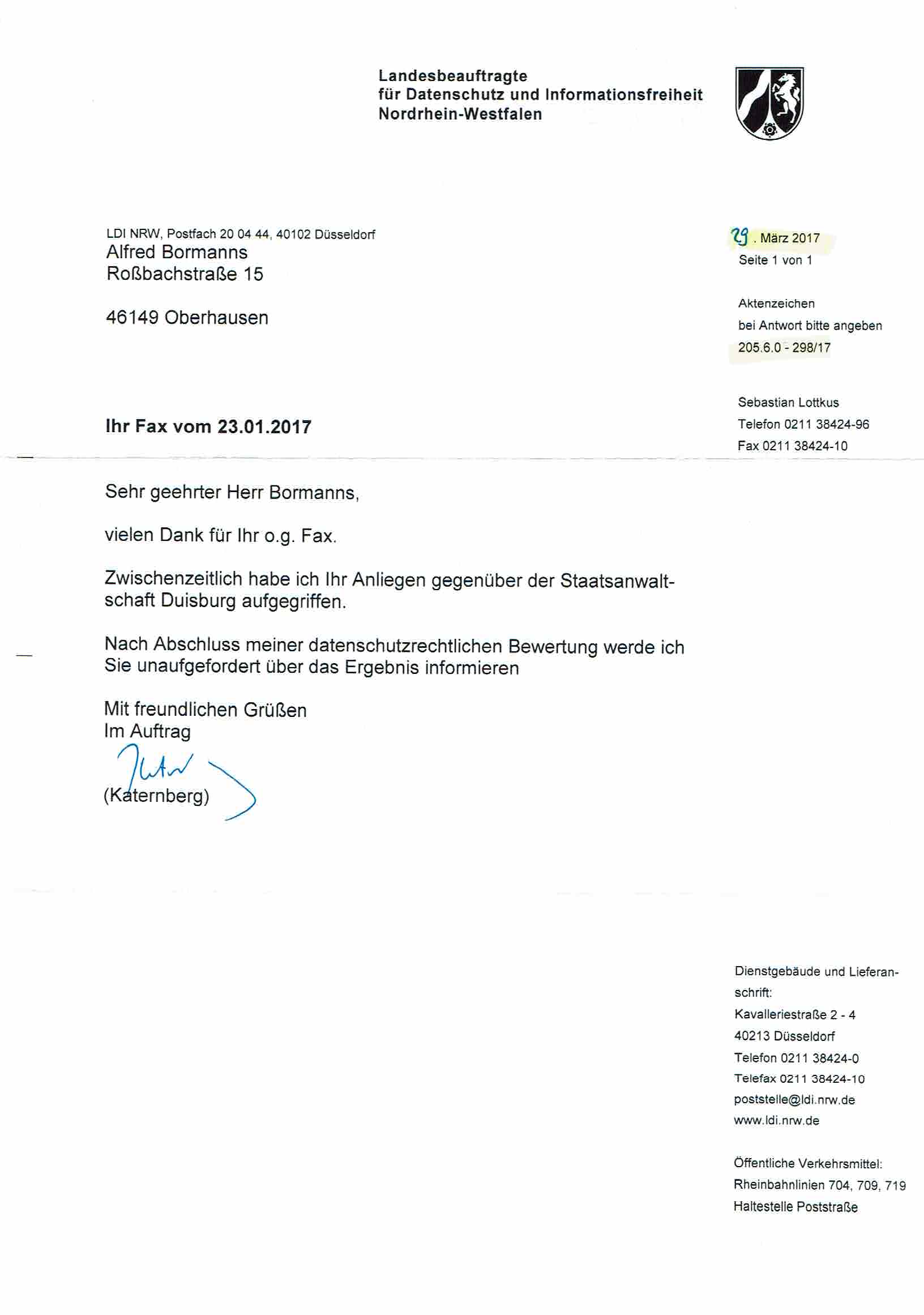 Nachricht der Landesbeauftragen für Datenschutz und Informationsfreiheit Nordrhein-Westfalen vom 29.03.2017