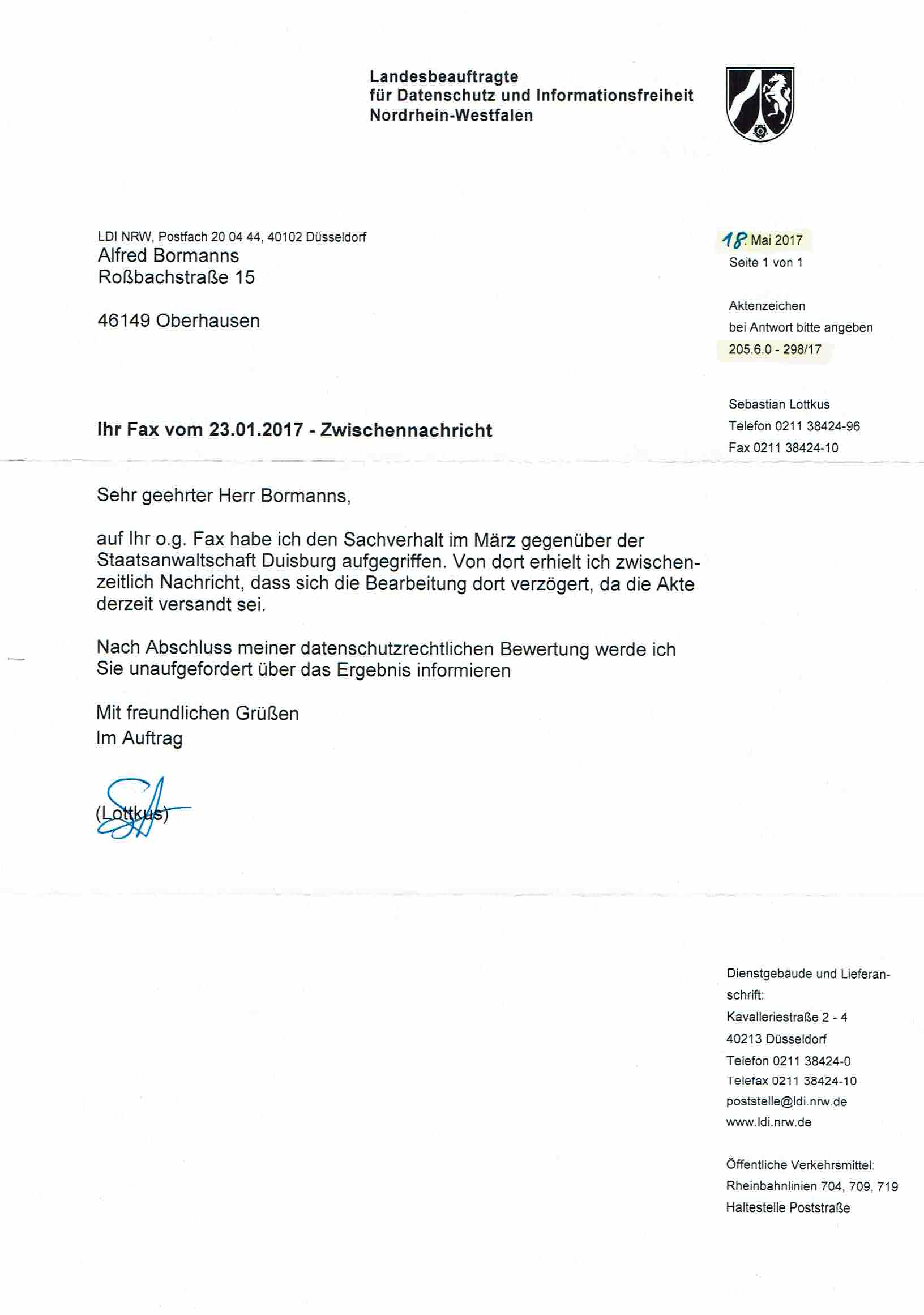 Nachricht der Landesbeauftragen für Datenschutz und Informationsfreiheit Nordrhein-Westfalen vom 18.05.2017