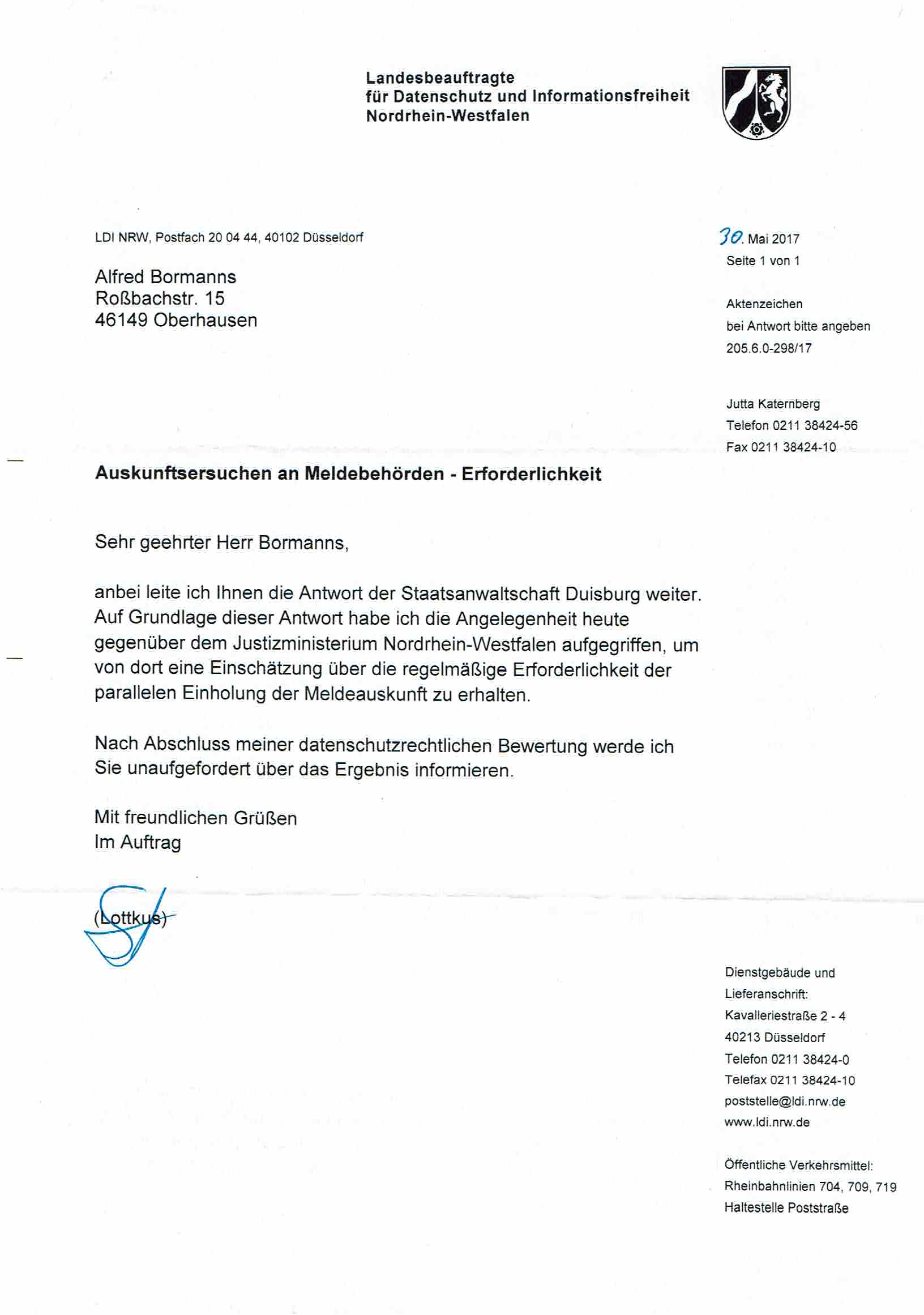 Nachricht der Landesbeauftragen für Datenschutz und Informationsfreiheit Nordrhein-Westfalen vom 30.05.2017