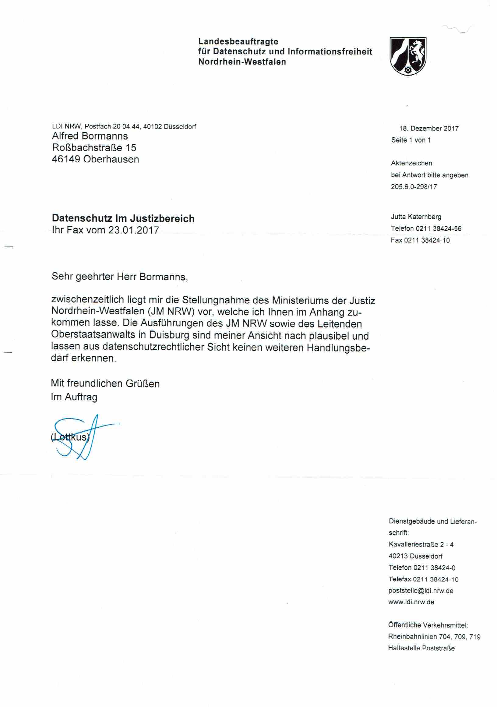 Bescheid der Landesbeauftragen für Datenschutz und Informationsfreiheit Nordrhein-Westfalen vom 18.12.2017