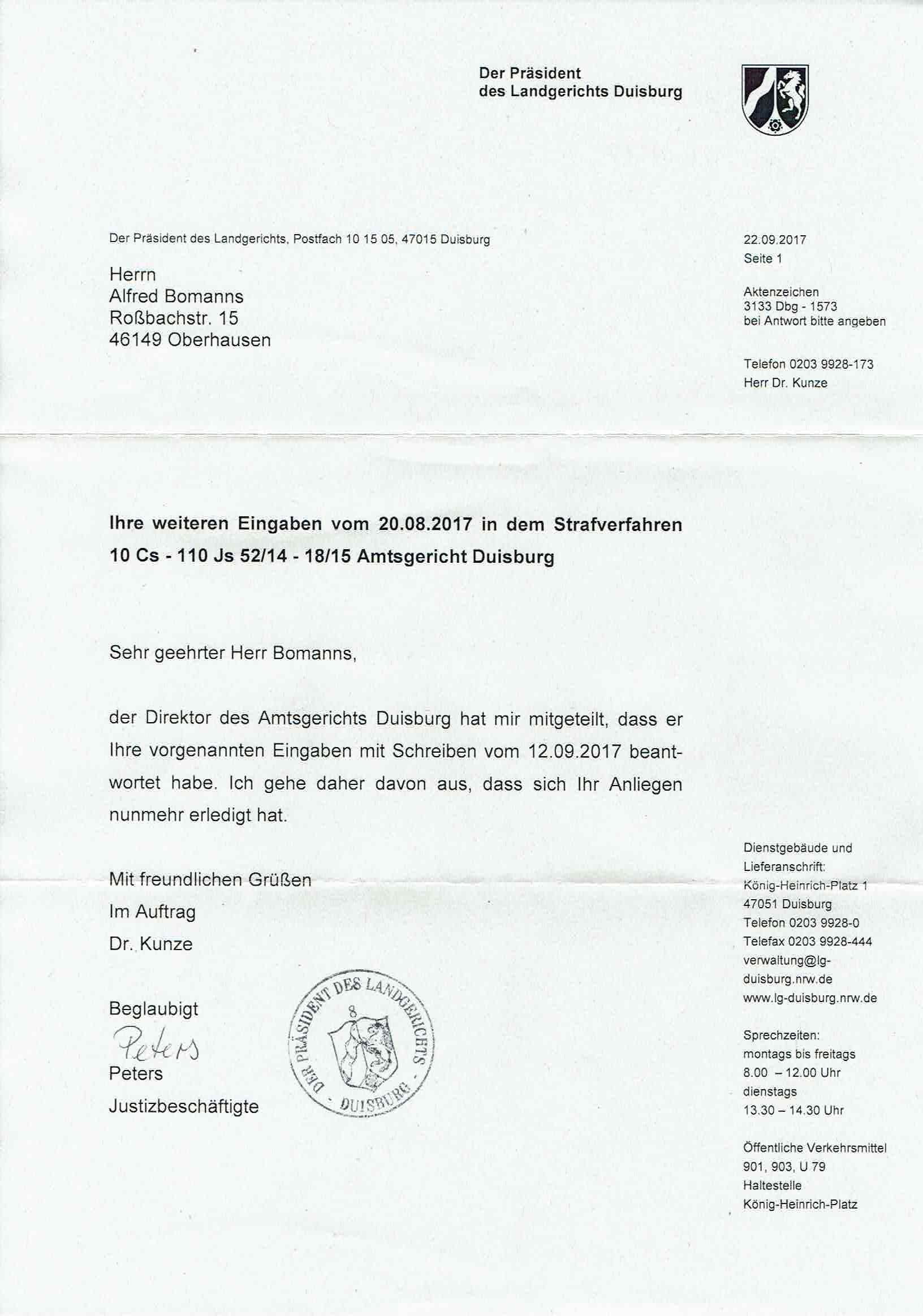 Antwort des Präsidenten des Landgerichts Duisburg, Ulf-Thomas Bender, vom 22.09.2017